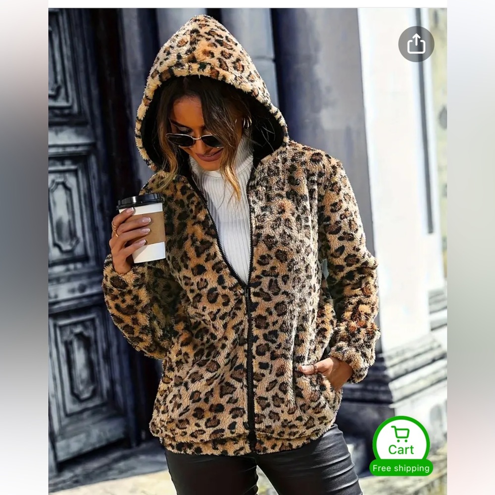 Faded Glory Womens Cheetah Print Fleece Jacket with Hoodie Size Small